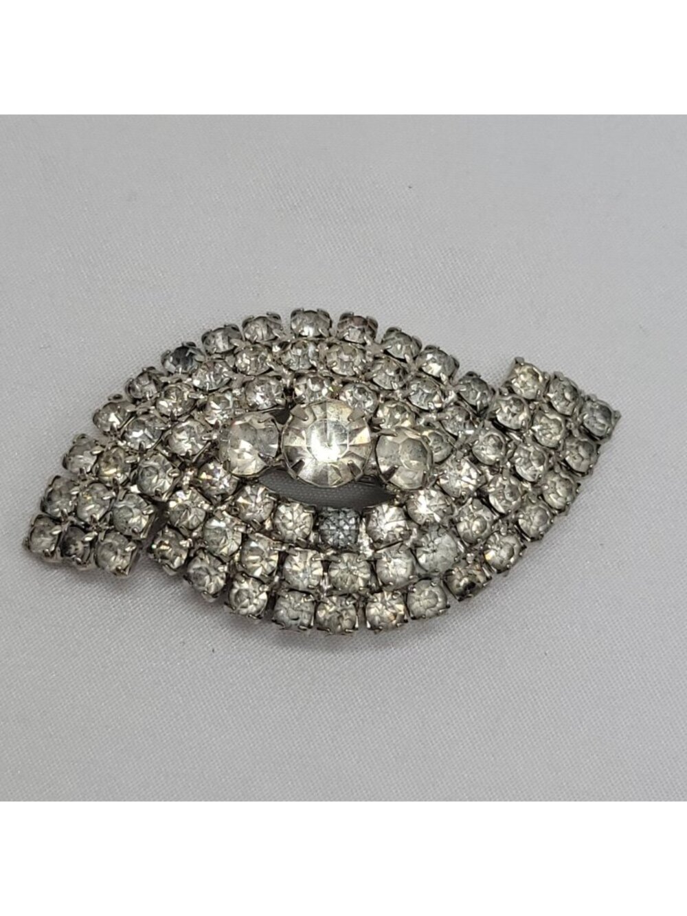 Vintage Silver-Tone Rhinestone Brooch Pin Oval Eye Shape 2.5"x1.25"